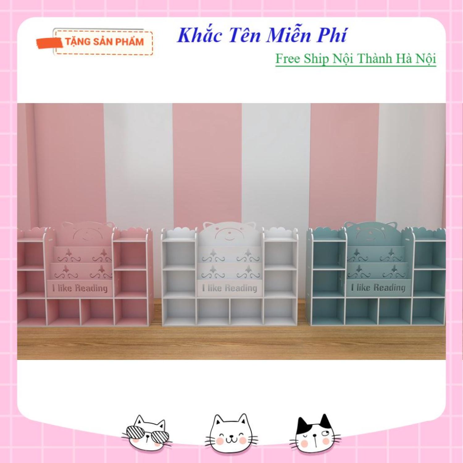 Kệ sách cho bé hình Gấu kèm 8 ngăn chứa đồ full bộ có vít