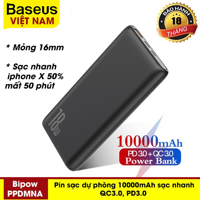 Pin sạc dự phòng siêu tiện lợi siêu mỏng thiết kế sang trọng công suất 18W hỗ trợ sạc nhanh với 1 cổng USB QC 3.0 và 1 cổng PD3.0 - Phân phối bởi Baseus Vietnam