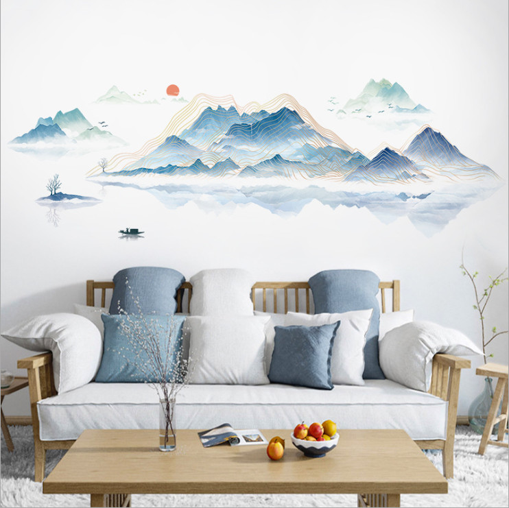 [HCM]Decal dán tường Tranh thủy mặc sông núi bao lao AmyShop trang trí phòng khách đẹp độc lạ