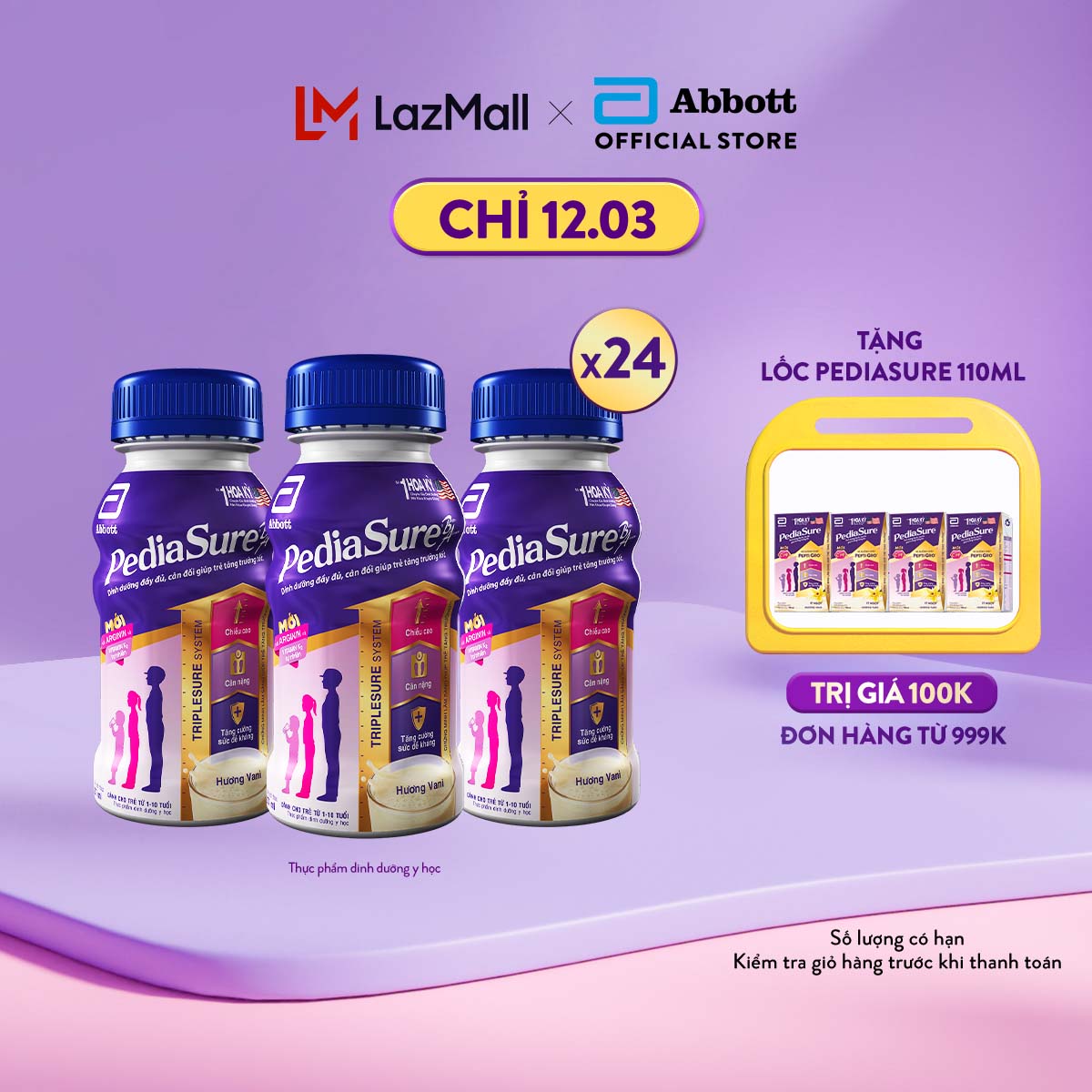 CHỈ 12.3 TẶNG QUÀ CHO ĐH TỪ 999K SLCH Thùng 24 chai sữa nước Pediasure Vanilla 237ml Dành cho trẻ biếng ăn từ 1 đến 10 tuổi Bổ sung dinh dưỡng Tăng cường hệ miễn Dịch Hương vị thơm ngon