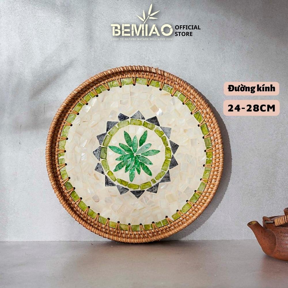 Khay mây khảm trai hình tròn D24-28cm cao cấp