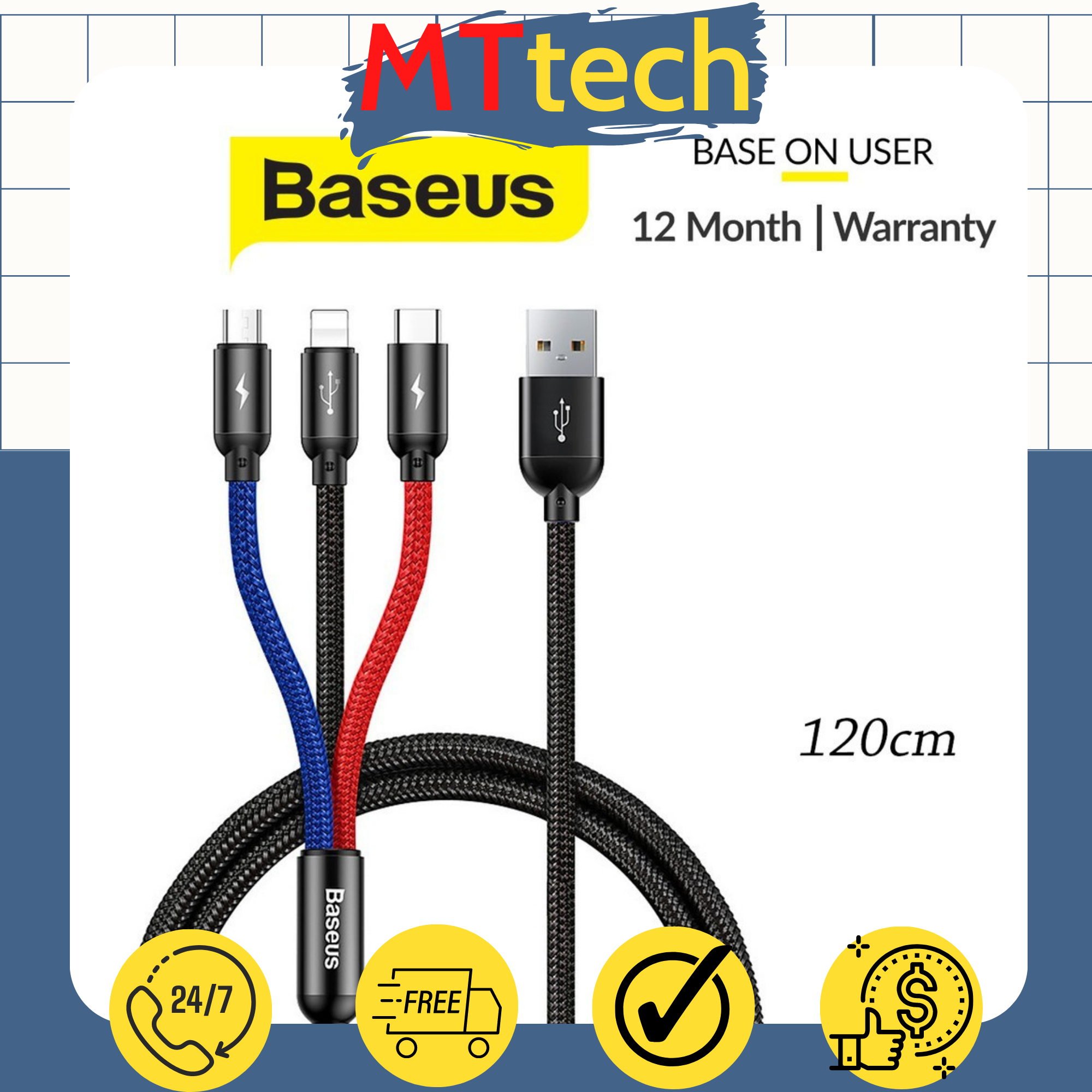 Cáp sạc nhanh 3.5a baseus three primary colors 3 đầu lightning/type-c/micro dây nylon siêu bền dài 1.2m cho smartphone - mttech