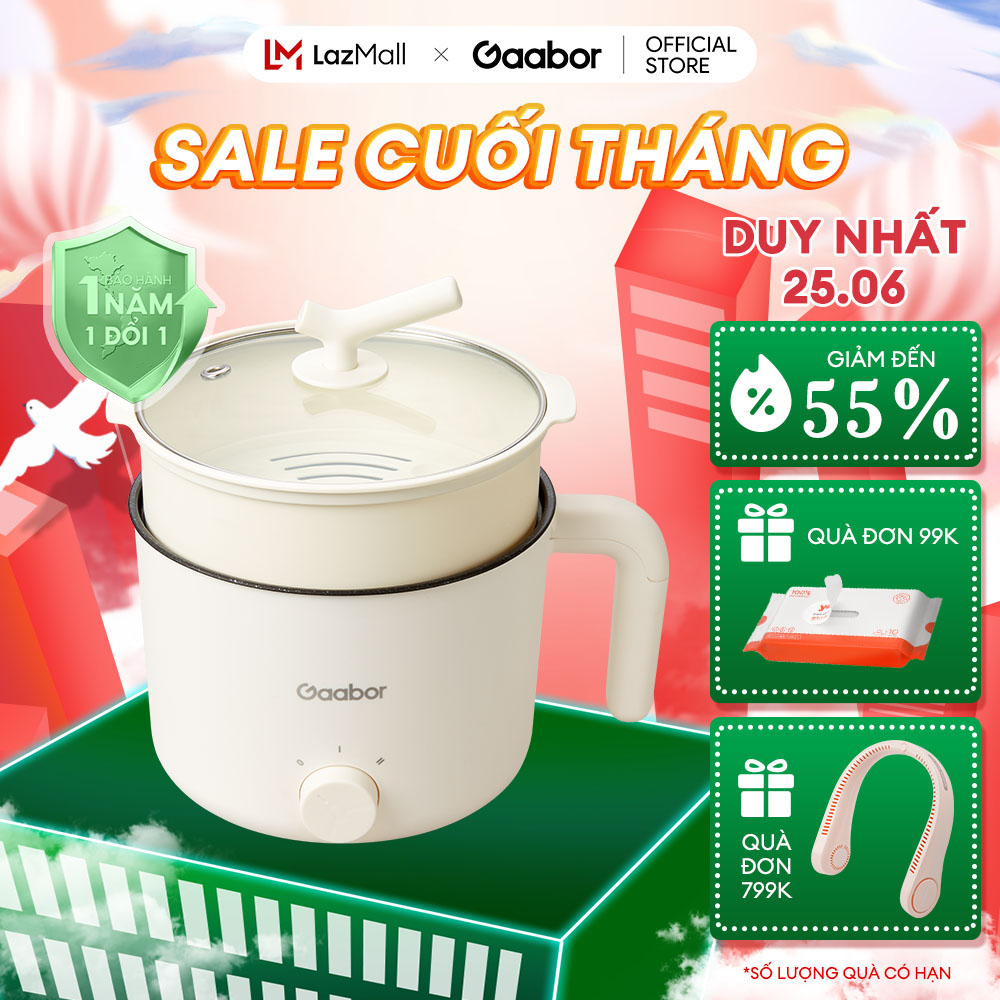 Nồi điện mini đa năng 1.5L Gaabor GR-N15A 600W kèm xửng hấp phủ nồi lớp chống dính 2 mức nhiệt - Hàng chính hãng.