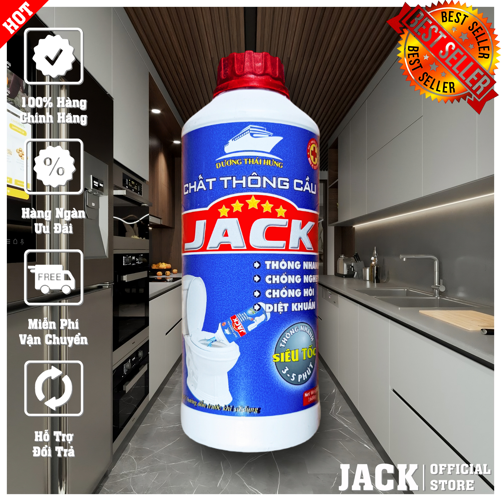 Chất thông bồn cầu, thông cống loại chuyên dụng siêu mạnh, thông tắc nhanh chóng jack 1600ml