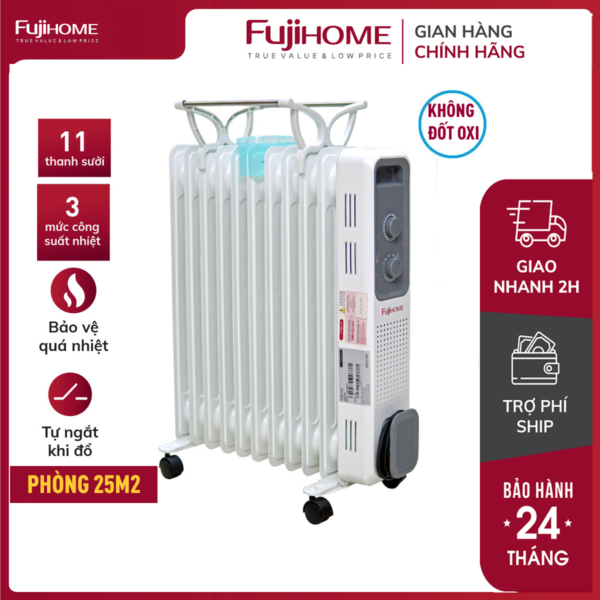 Máy sưởi dầu nhập khẩu  không khô da FUJIHOME, 11 thanh sưởi tự ngắt, máy sưởi ấm điện mini không đốt oxi, không ồn tiết kiệm điện- Tặng kèm giá phơi