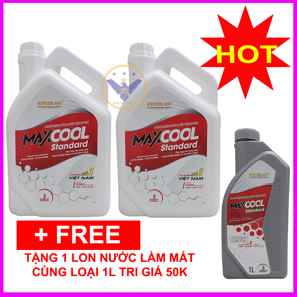 Combo 2 can nước làm mát động cơ ô tô màu đỏ Maxcool Can 4 Lít + 1 lít