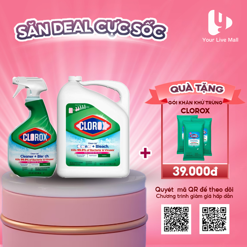 Mua 1 nước tẩy rửa diệt khuẩn clorox clean & bleach tặng 1 gói khăn khử trùng clorox