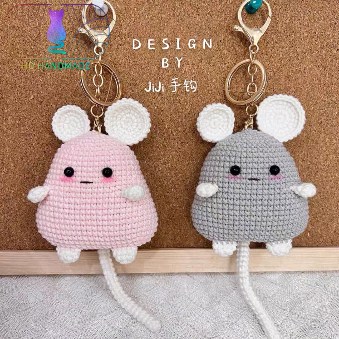 Móc khóa hình con chuột bằng len, móc khóa handmade màu hồng, màu xám - Hổ Handmade