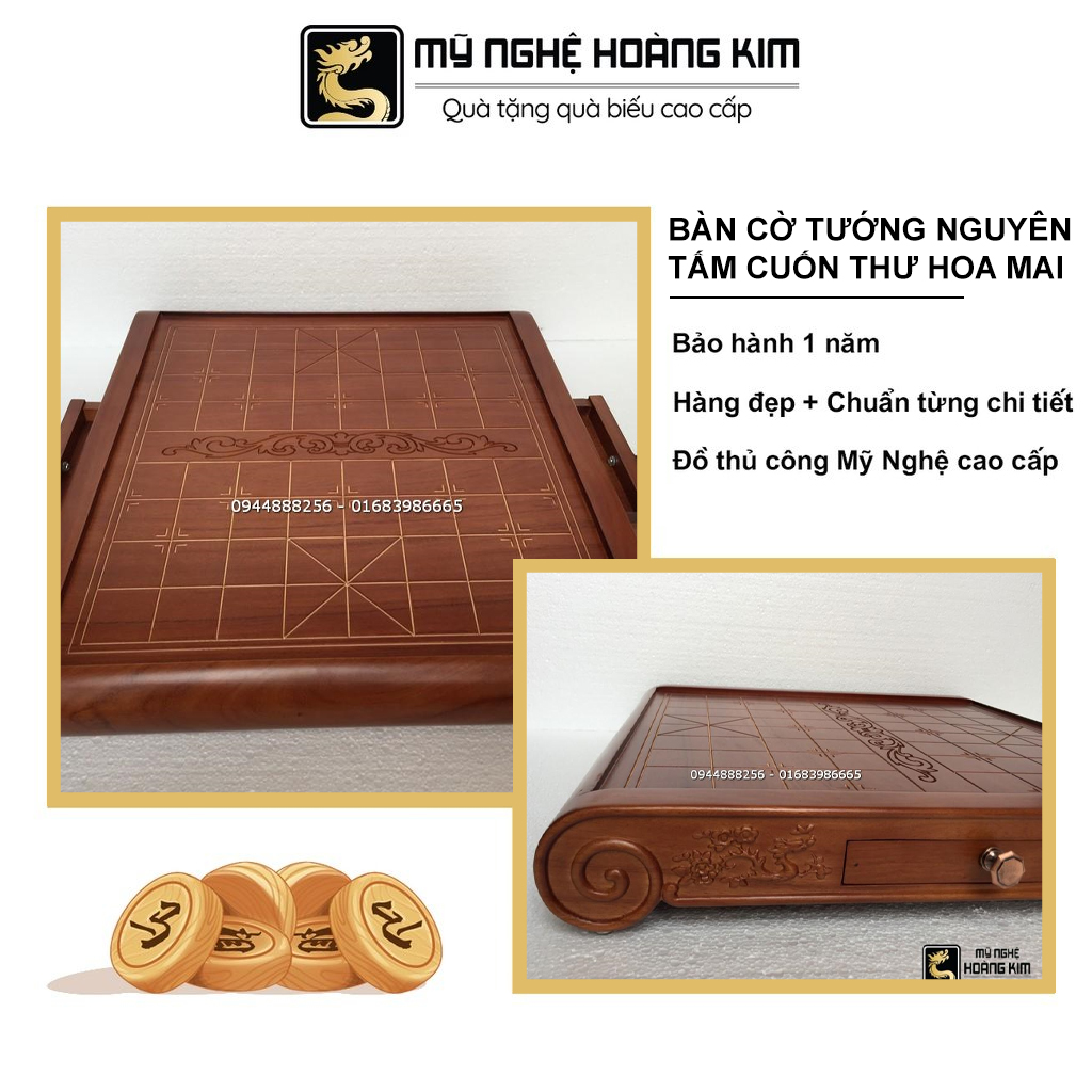 [FREESHIP] Bàn Cờ Tướng Nguyên Tấm Cuốn Thư Hoa Mai HK12 Làm Bằng Gỗ Thịt Không Rác, Mối Mọt, Đục Nổi Hoa Mai, Ngăn Kéo 2 Bên Đựng Quân Cờ - Mỹ Nghệ Hoàng Kim