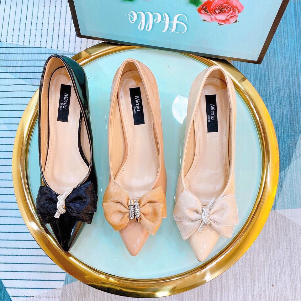 Giày cao gót nữ, giày búp bê nữ mũi nhọn đính nơi xinh xắn cao 5p chuẩn size 35-40 màu đen, kem và nâu