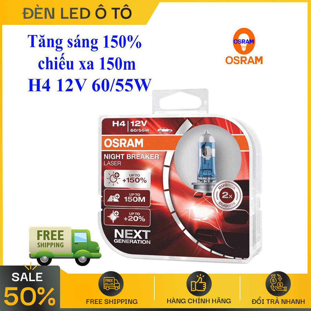 Bóng đèn Osram tăng sáng sử dụng cho ô tô, xe máy, công nghệ NIGHT BREAKER LASER,sử dụng điện 12V, sản phẩm đủ chân H1 H3 H4 H7 H8 H11 HB3-9005 HB4-9006, chiếu xa 150m, tăng sáng trắng, sản phẩm bảo hành 1 đổi 1