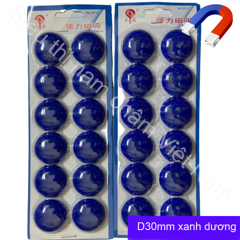 Vỉ 12 viên nam châm màu xanh dương kích thước 30mm, nam châm lực hút mạnh