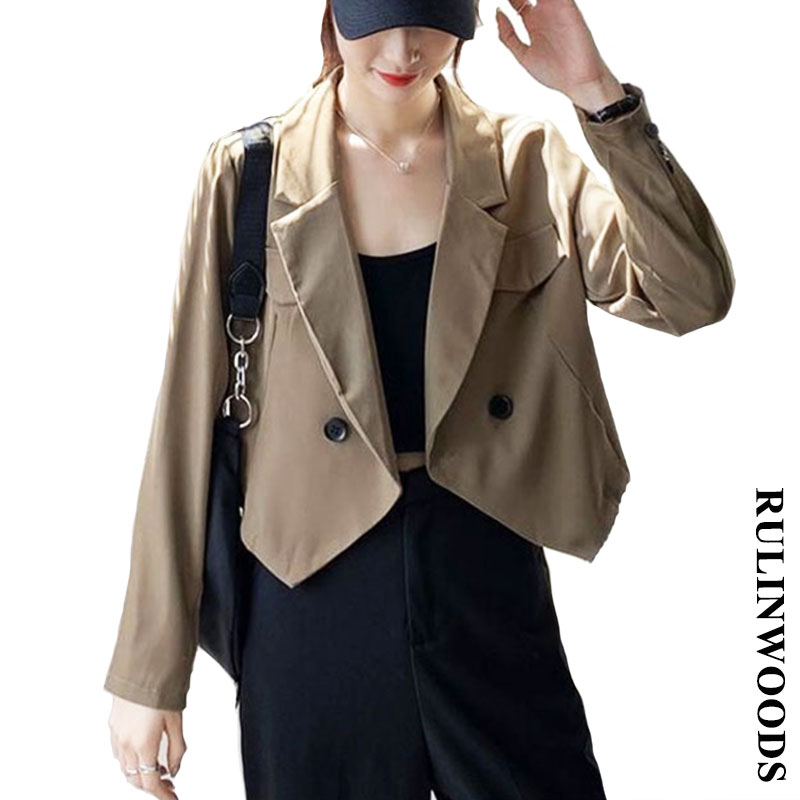 RULINWOODS Korean Blazer Crop Top Phong cách Hàn Quốc Áo khoác nữ Blazer dài tay cắt