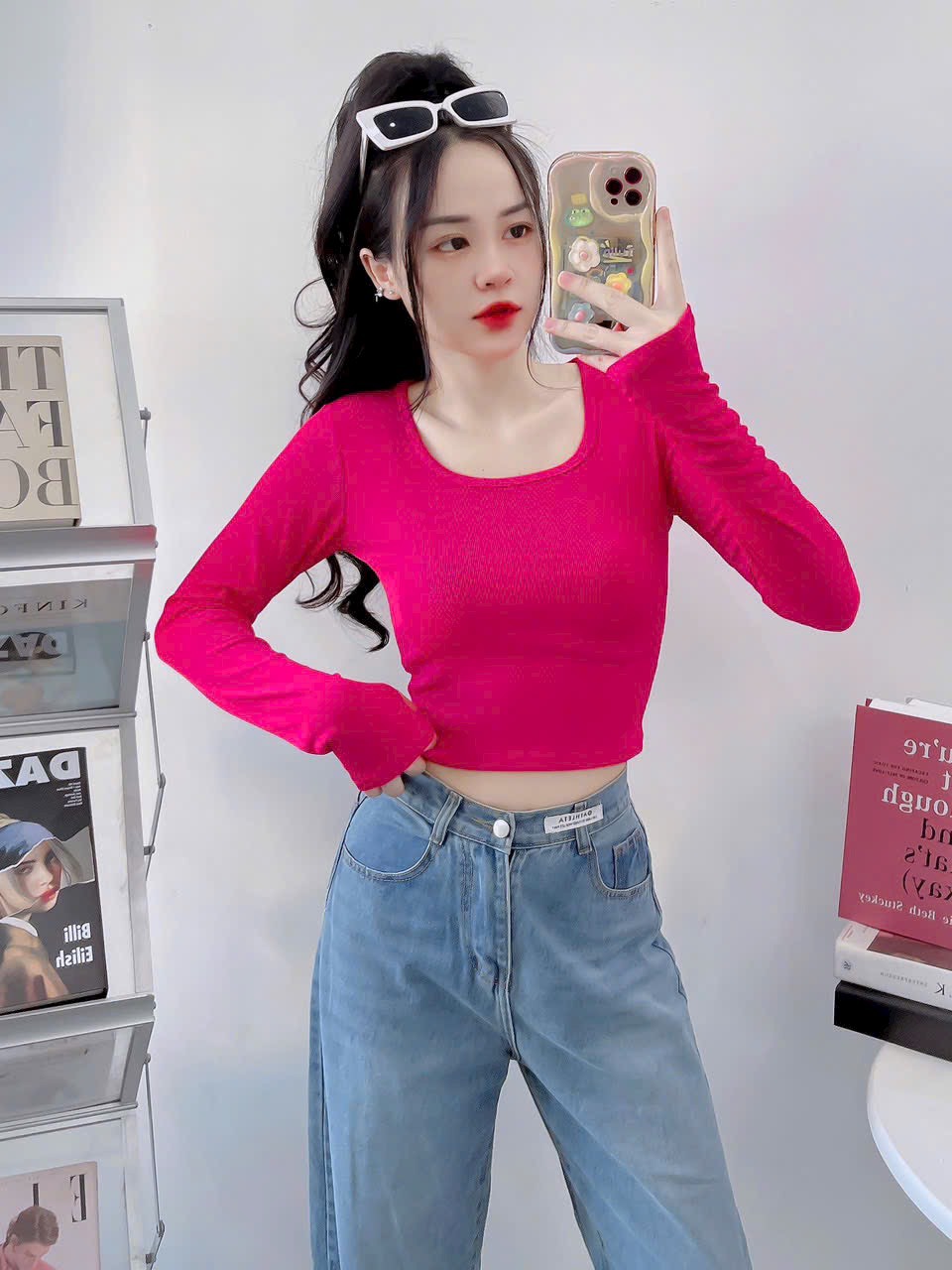 Áo thun ôm gân tăm cổ U tay dài Croptop