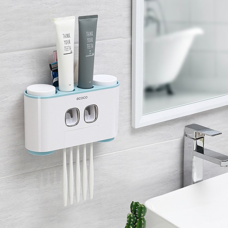Bộ 2 nhả kem đánh răng tự động 4 cốc Ecoco, Giá treo bàn chải dán tường tặng kèm miếng dán, Econon