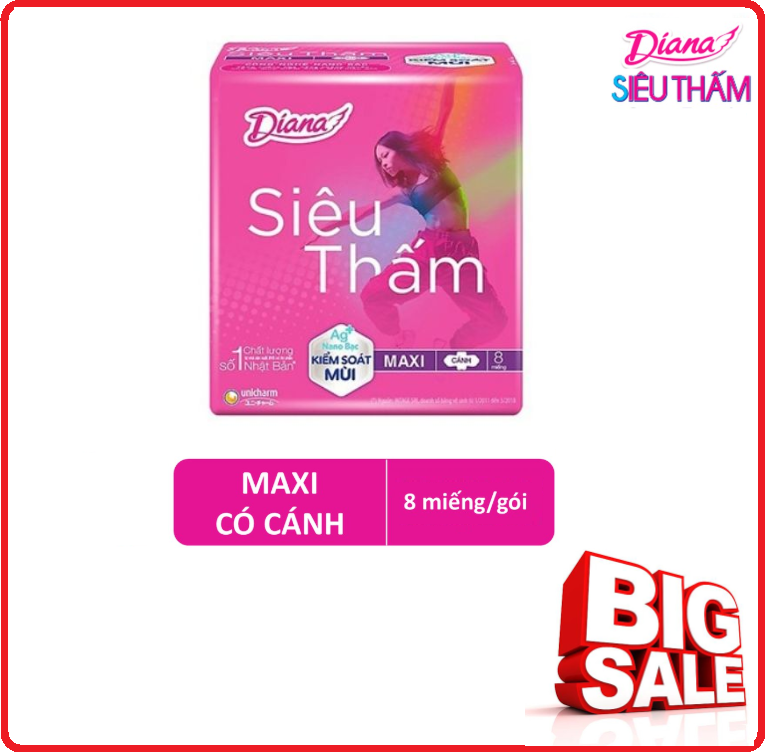 Bvs diana siêu thấm dày không cánh gói 8 miếng - 23cm