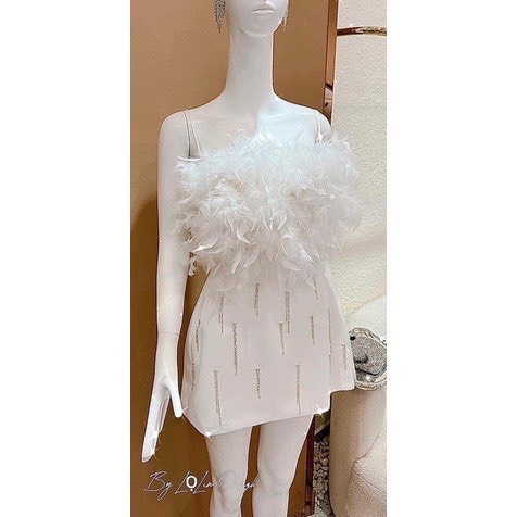 Đầm xòe hai dây phối lông vũ đính cườm sang chảnh đi dự tiêc lyie