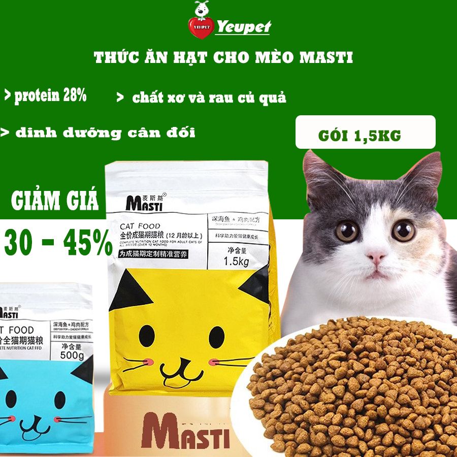 Thức ăn hạt cho mèo MASTI lượng thịt cao,giàu chất xơ giúp boss chắc xương, mềm lông -500G