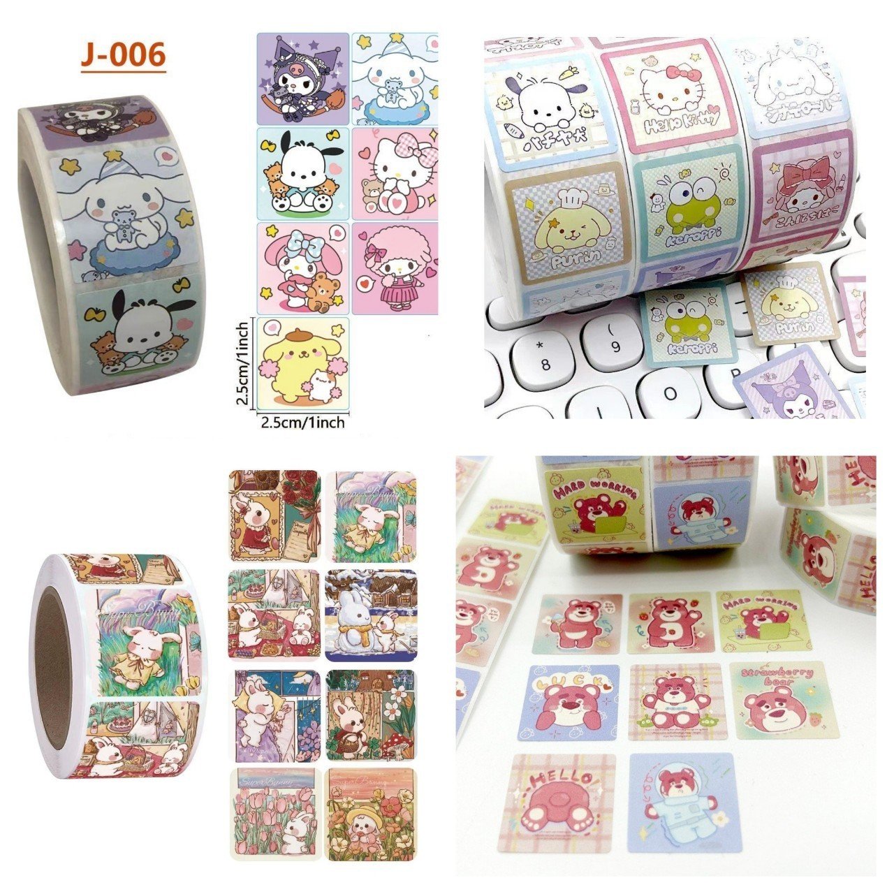 Cuộn 500 tem Sticker vuông Sanrio dễ thương - 2.5cm