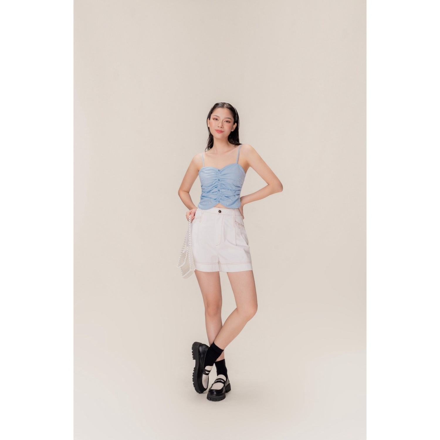 LIBÉ - Áo hai dây mảnh rút nhún kẻ gingham màu xanh dương