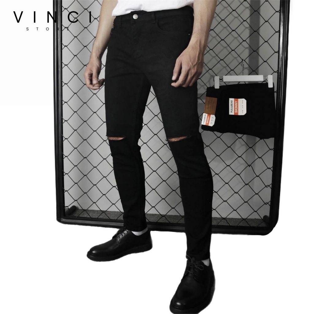 Quần jean nam pull&bear đen trơn và rách skinny ống ôm