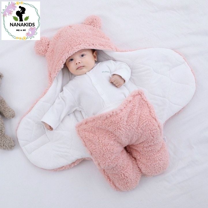 Chăn ủ gấu lông cừu có chân cho bé loại dày 3 lớp siêu ấm cho bé nanakids15