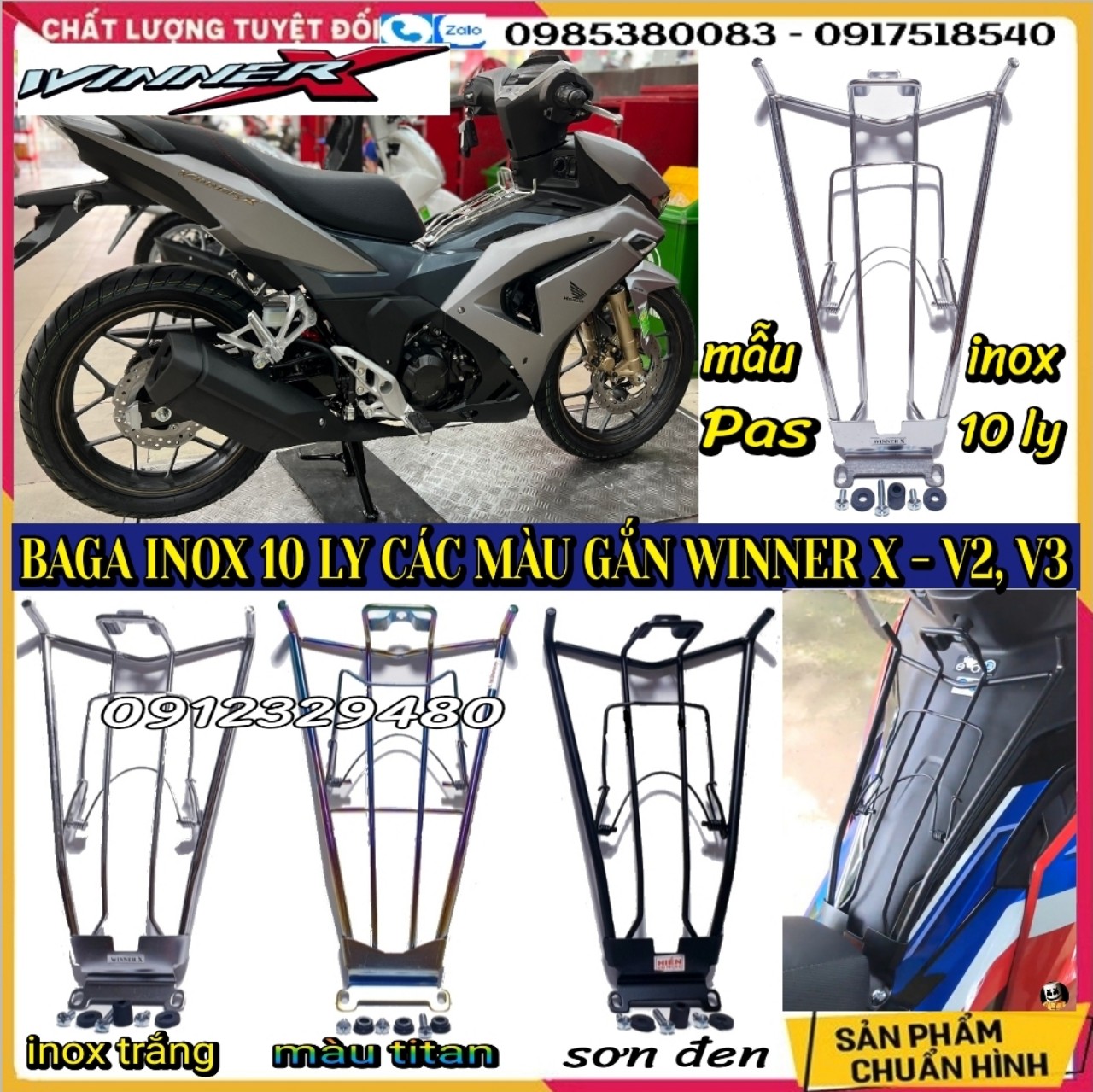 💥baga giữa inox dầy 10 ly, sơn đen, xi màu titan gắn honda winner x v2, v3💥