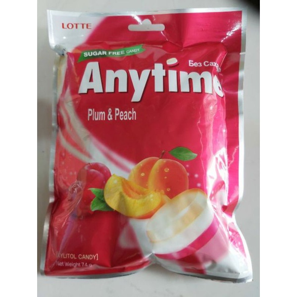 Kẹo Lotte Anytime không đường vị bạc hà vị chanh, vị đào, 60g