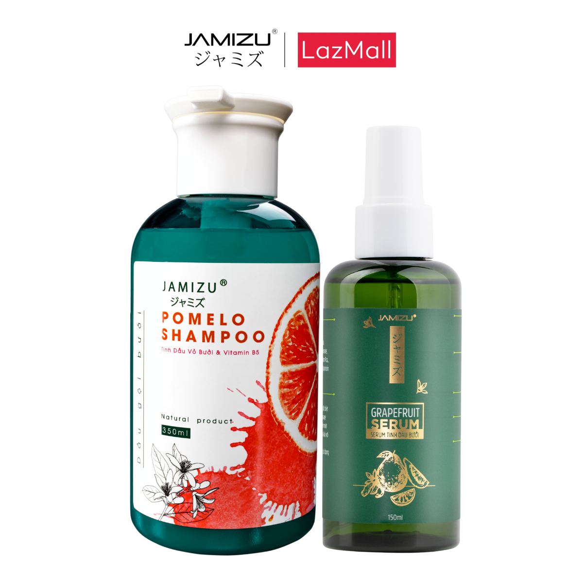 Combo kích thích mọc tóc jamizu: dầu gội bưởi 350ml + serum xịt tinh dầu bưởi 150ml