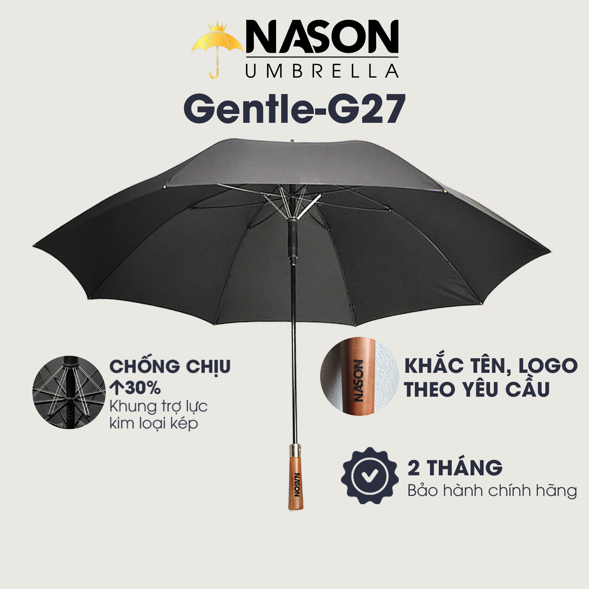 Ô dù thẳng đi mưa cao cấp 27 inch cán gỗ NASON UMBRELLA khung chịu lực kép, Chống lật trong gió to, Tán rộng 27inch, Vải chống thấm chống tia UV