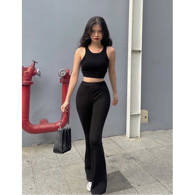 Quần legging ống loe cạp cao dáng dài, Quần legging lưng cao siêu tôn dáng co giãn tốt Okella
