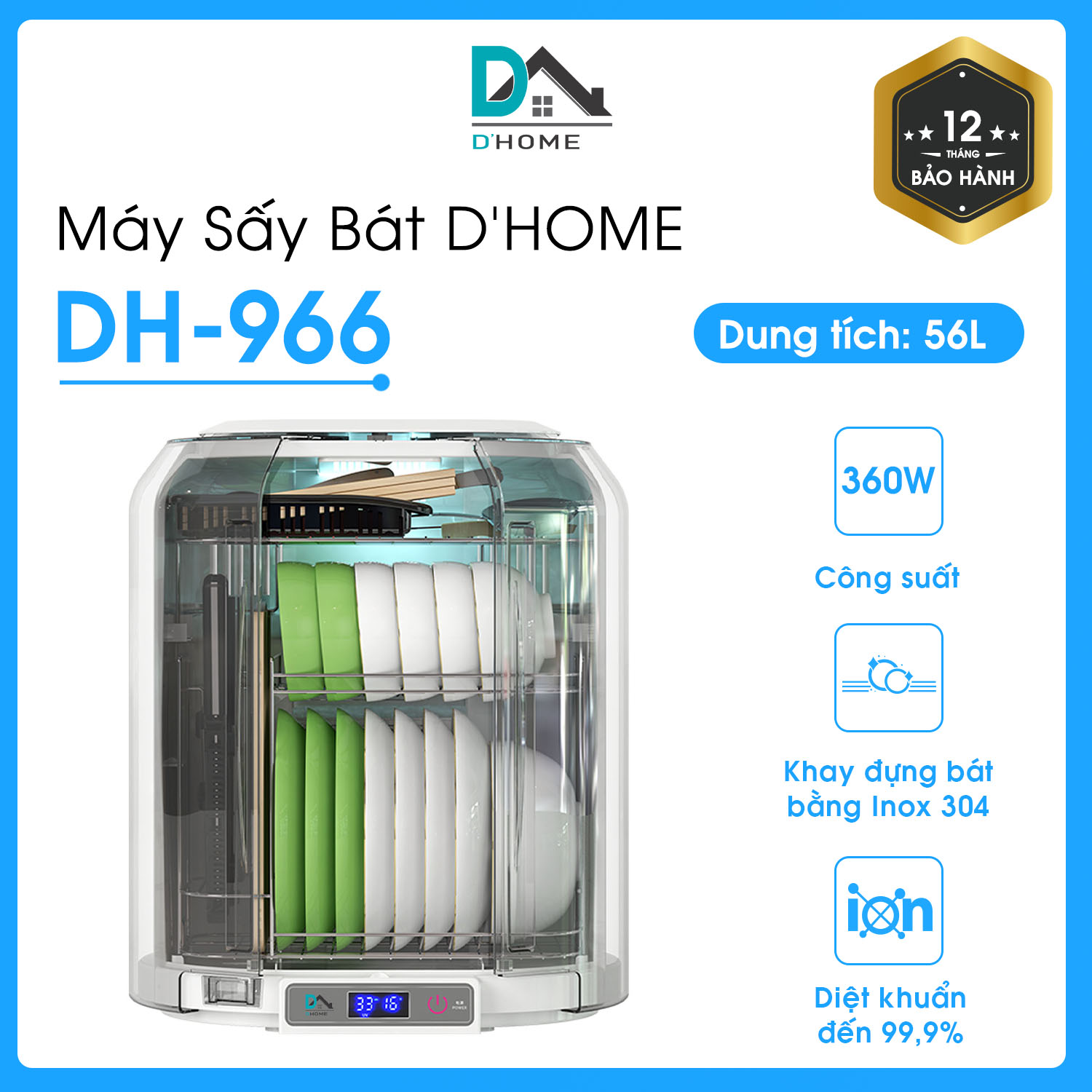 Máy sấy chén bát, Máy sấy bát đĩa Dhome DH -966- Công Nghệ Khử Trùng Bát Đĩa Bằng Tia UV- Dung Tích 56l - Hàng Chính Hãng
