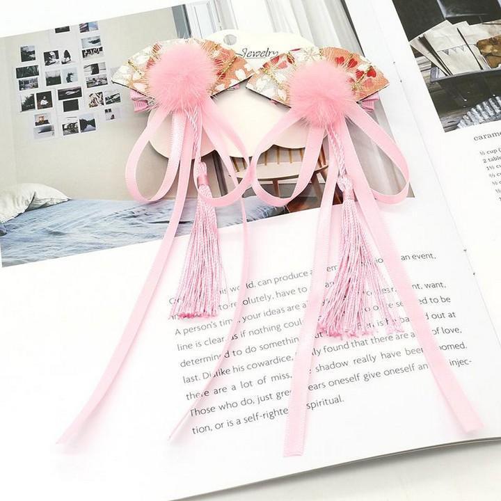 Kẹp tóc chiếc quạt gắn bông thần kỳ tua rua van lụa Cài tóc cổ trang xinh xắn dễ thương