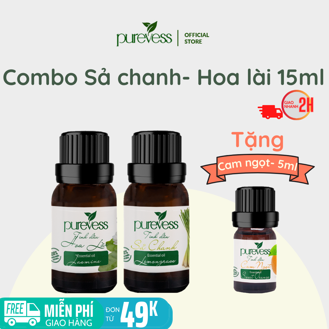 Tinh dầu xông phòng Purevess, tinh dầu Sả Chanh 15ml, tinh dầu Hoa Lài 15ml, tặng tinh dầu Cam Ngọt 5ml