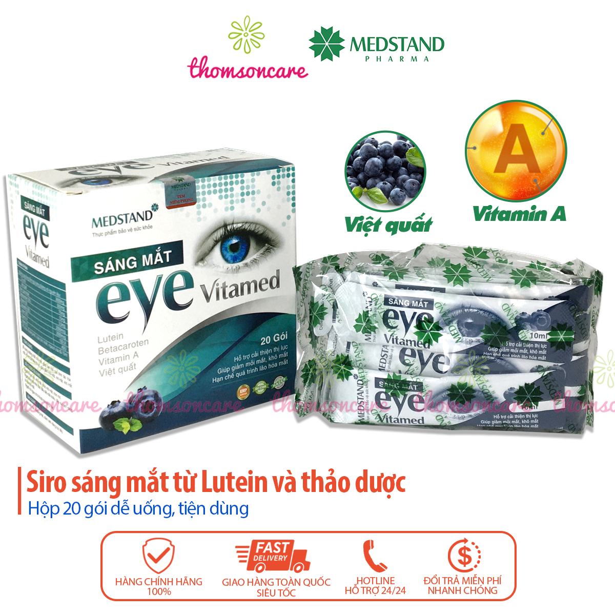 Bổ mắt Medstand eye vitamed siro từ Lutein và thảo dược 20 gói uống sáng mắt cho người thị lực kém mỏi mắt cho người già giảm mỏi mắt đau mắt khô mắt hỗ trợ cải thiện trí lực dùng cho người thị lực yếu bị đục thủy tinh thể, thoái hóa võng mạc
