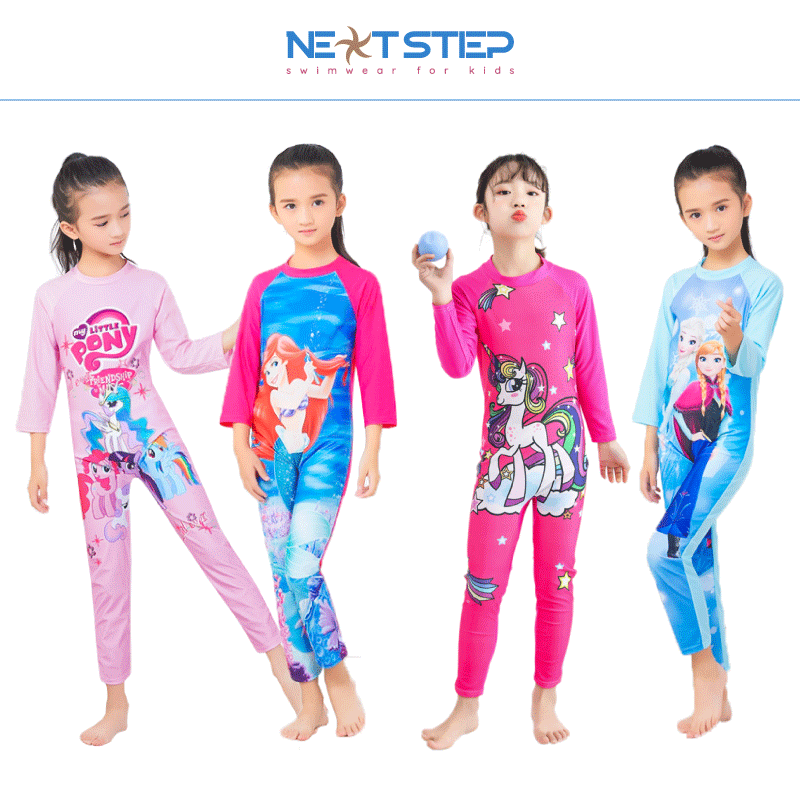 Đồ bơi bé gái tay dài quần dài chống nắng họa tiết nhân vật hoạt hình đáng yêu size từ 14kg đến 30kg