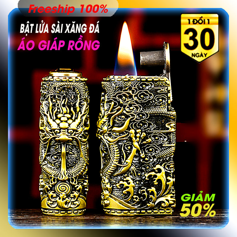 Bật lửa xăng đá bấc áo giáp rồng full box 2 màu vàng gold và vàng đồng.