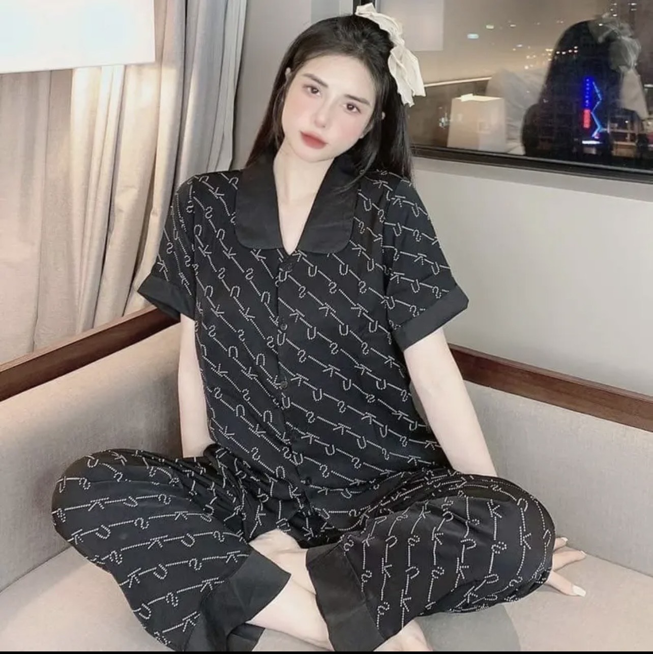 Bộ ngủ - đồ ngủ pijama cổ sen tay cộc quần dài chất kate , Đồ bộ nữ lụa ngủ pijama tay ngắn quần dài dễ thương mặc nhà cho nữ