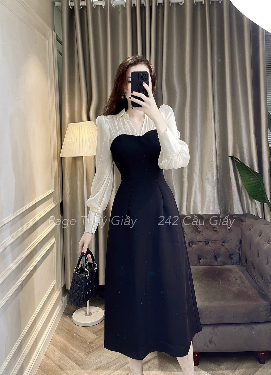 Đầm nữ thiết kế phối cao cấp voan tay dài sang trọng, Đầm thời trang nữ dáng dài voan dài tay dự tiệc sang chảnh, Đầm sáng dài có voan tay dài dễ dàng phối phụ kiện xinh xắn DX