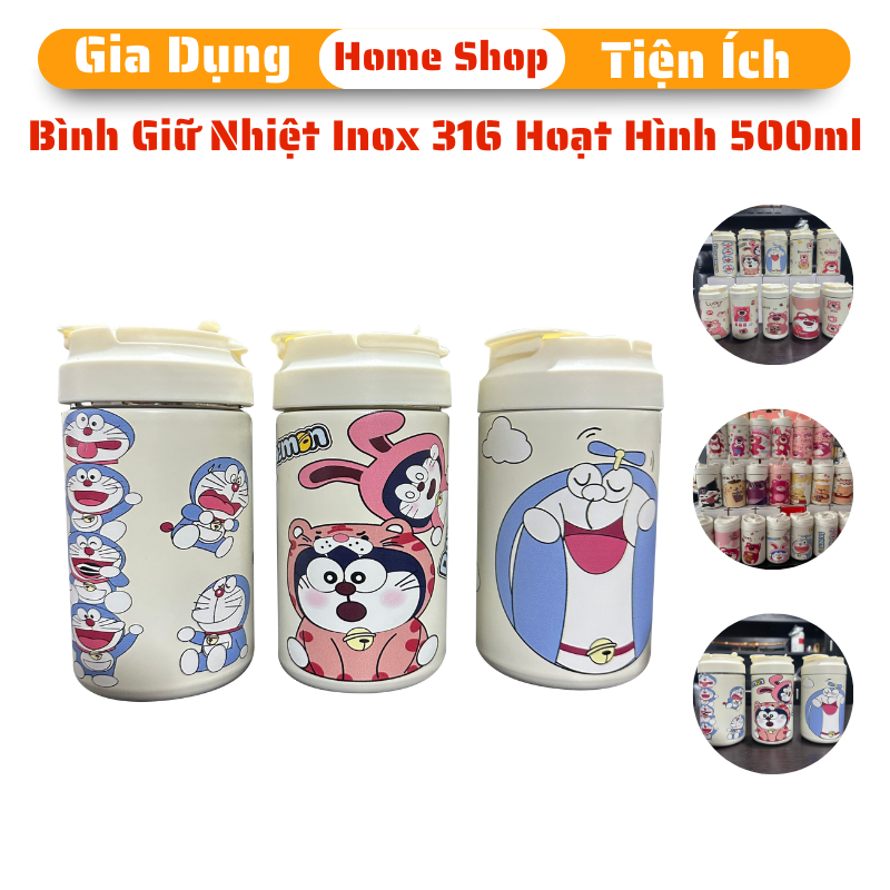 Ly Giữ Nhiệt Nóng Lạnh Inox 316 Dung Tích 500ml Họa Tiết Doremon Và Gấu Lotso