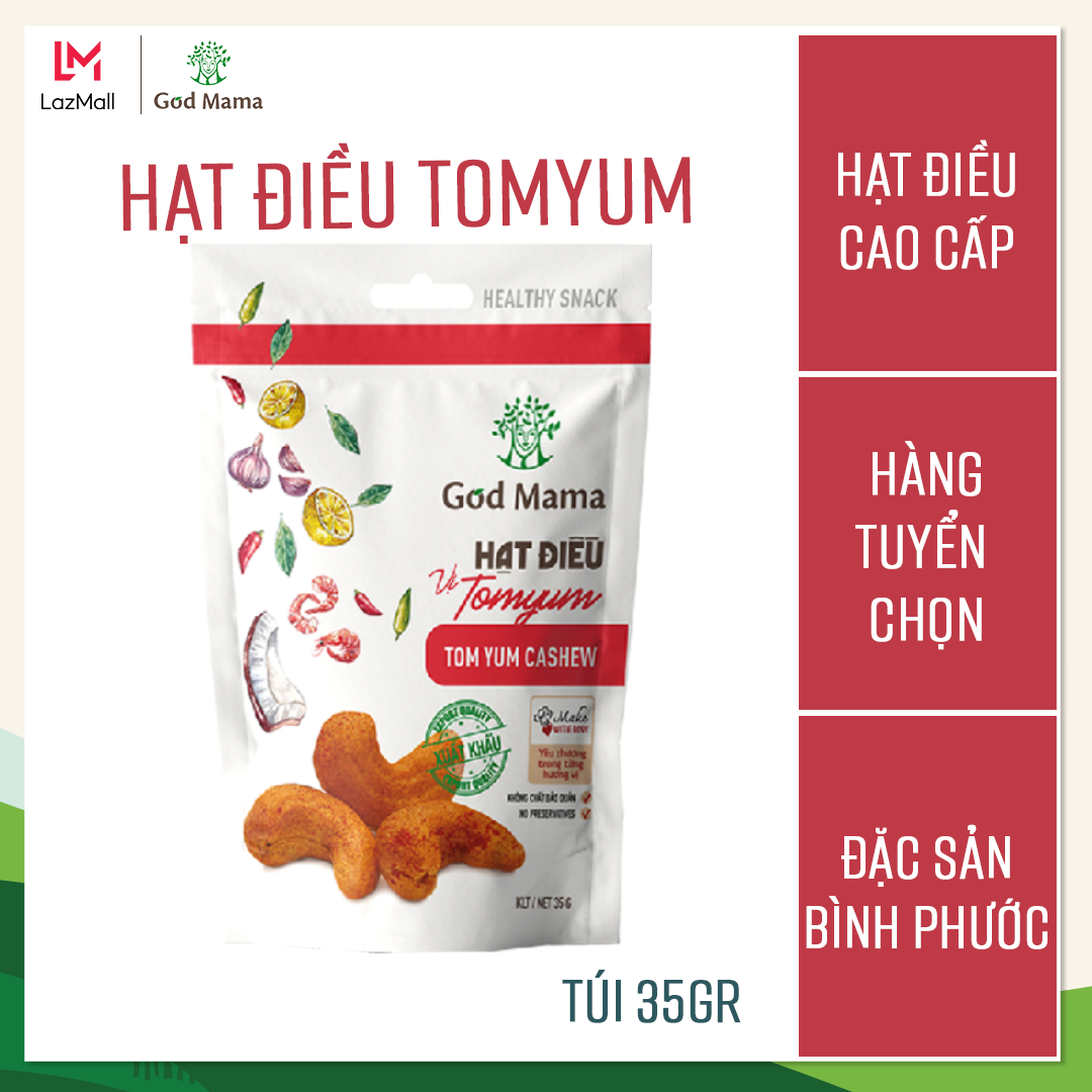 Hạt điều tẩm vị Tomyum God Mama - 35g. Ăn vặt tốt cho sức khỏe. Hỗ trợ giảm cân. Nguồn nguyên liệu từ Bình Phước - vườn điều ngon nhất Việt Nam.