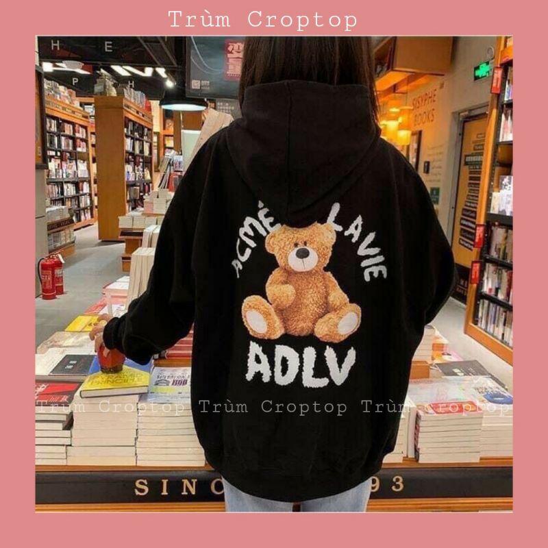 Áo khoác nỉ ngoại hoddie in hình gấu ad 3 màu đen trắng be form unisex nam nữ