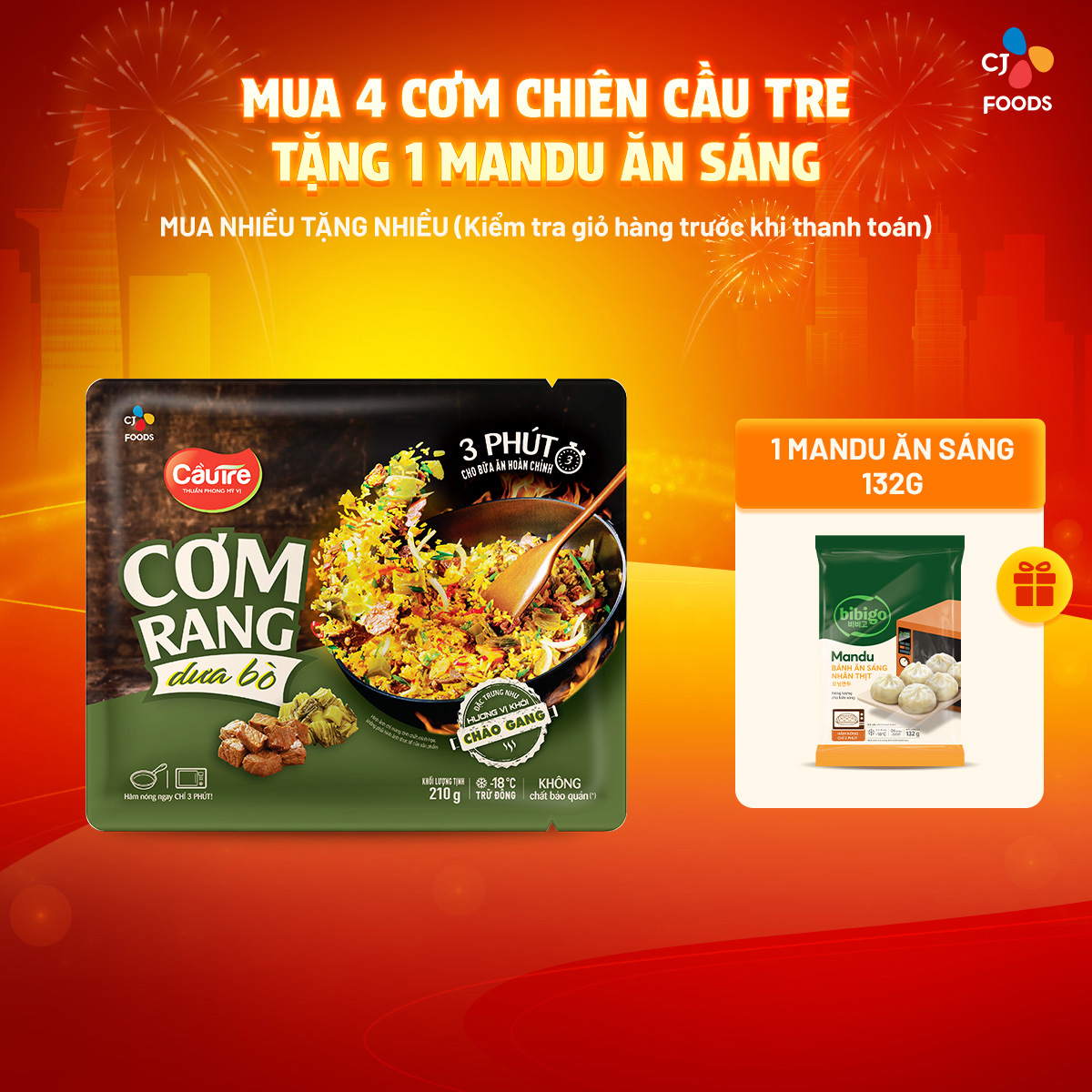 [Tặng 1 Mandu ăn sáng] Combo 4 gói Cơm chiên Cầu Tre 210g x 4 (Hải sản, Dưa bò, Gà cháy tỏi, Kim chi xúc xích) (Chọn giao 2h)