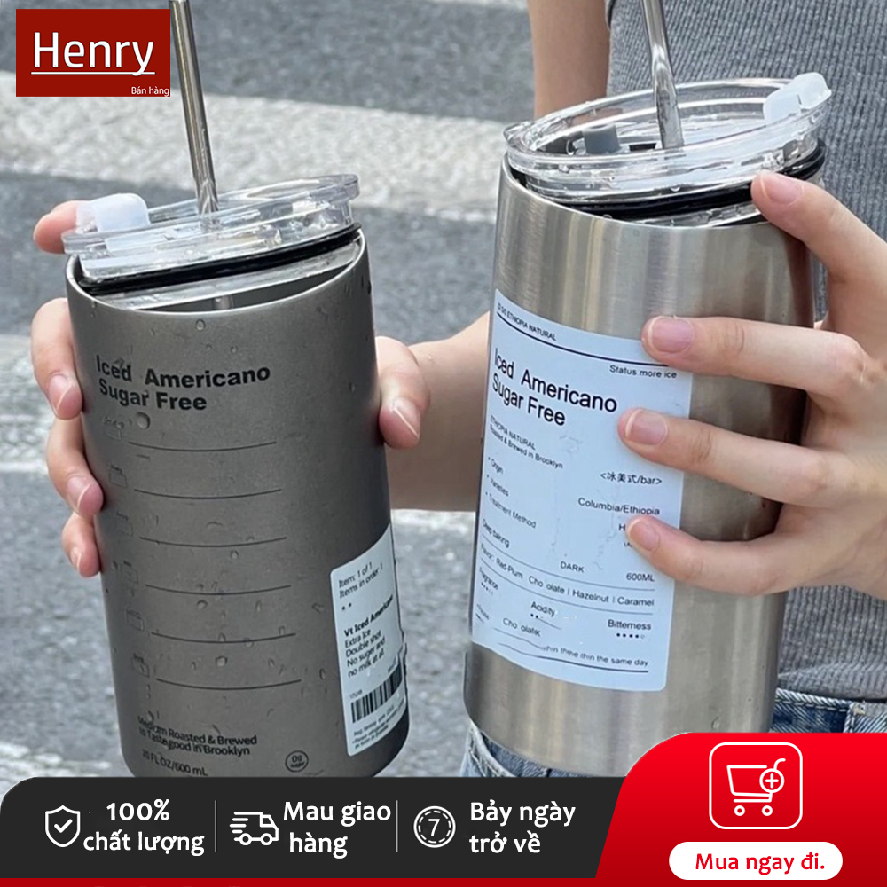 Henry cốc uống cà phê bằng thép không gỉ có ống hút dung tích 600ml