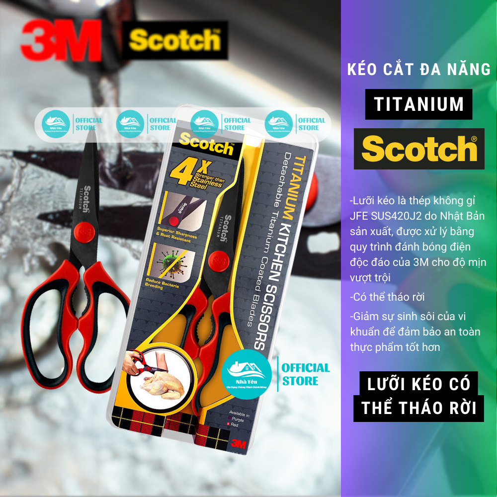 Kéo Cắt Đa Năng Nhà Bếp 3M Scotch 4X Titanium Cao Cấp,Chống Gỉ Sét,Phủ Titan Siêu Cứng,Tay Cầm Mềm Mại,Lưỡi Kéo Sắc,Kéo Cắt Gà Dễ Dàng,Có Khả Năng Kháng Khuẩn Và Làm Sạch Dễ Dàng