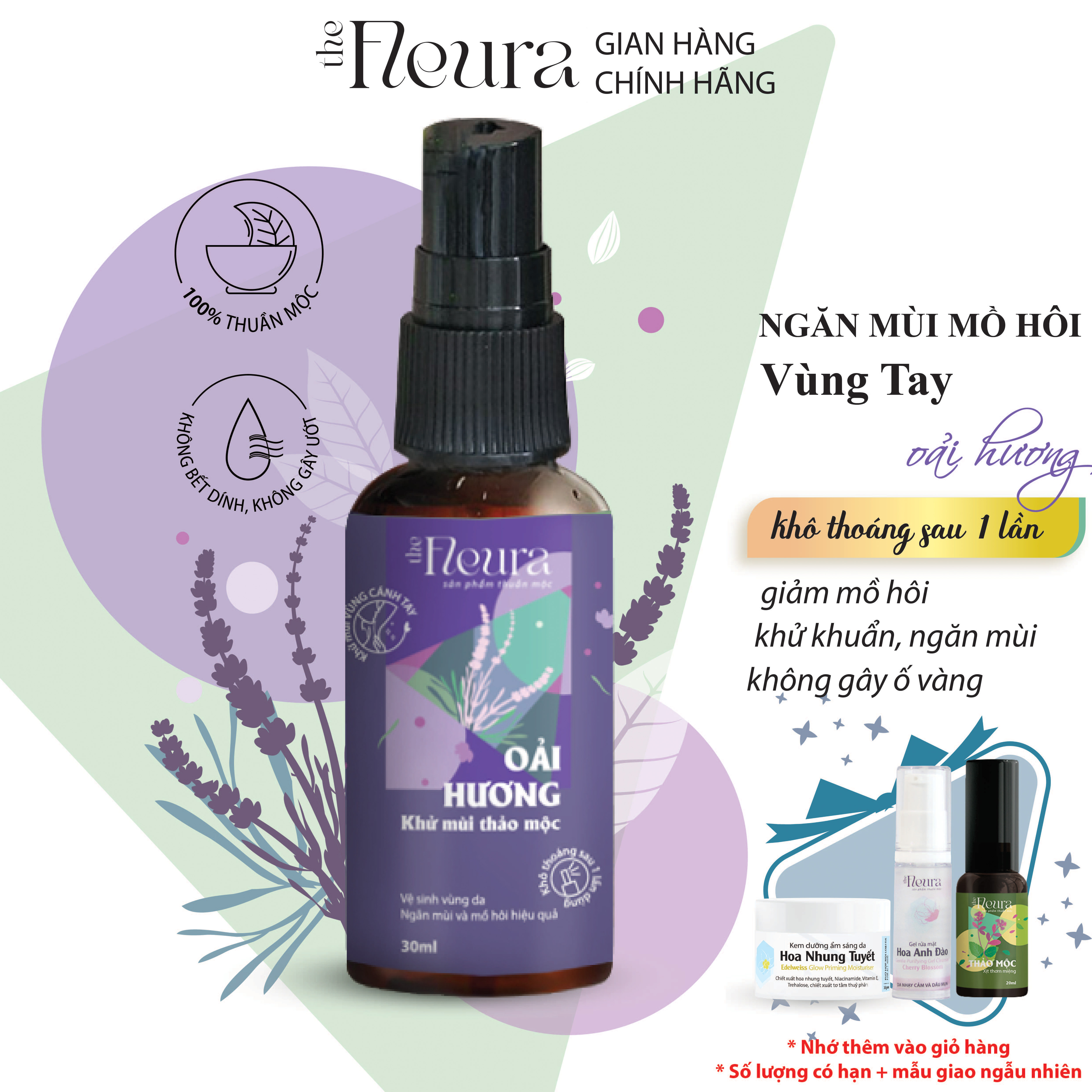 Xịt khử mùi hôi nách oải hương thảo mộc the fleura, khử mùi hôi nách, ngăn mồ hôi nách an toàn thân thiện