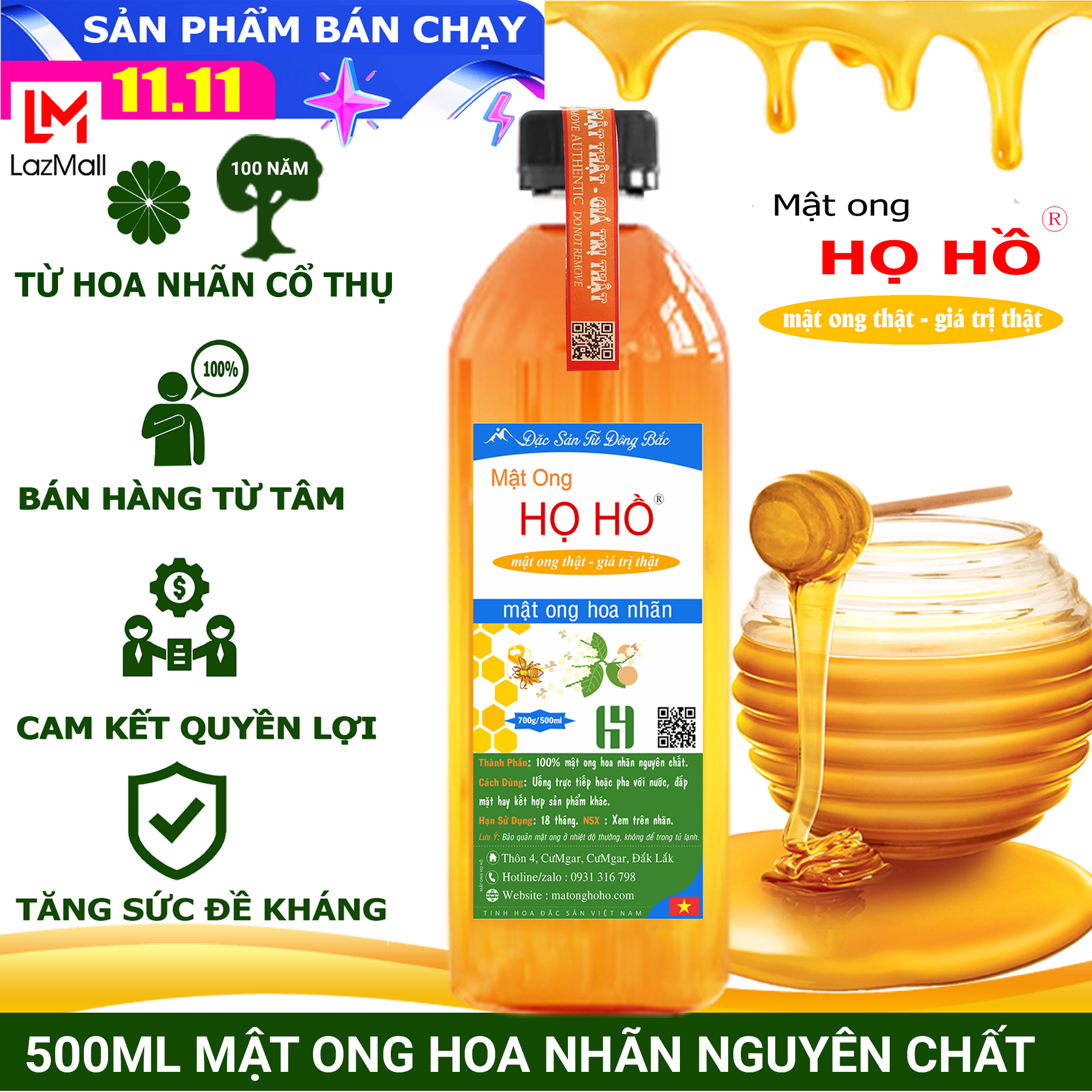 Chai 500ml mật ong hoa nhãn đặc sản Hưng Yên - đặc sản từ hoa nhãn cổ thụ 100 năm tuổi - Mật ong Họ Hồ mật thật, giá trị thật tương đương 700g nguyên chất đảm bảo Mật ong hoa nhãn họ Hồ - mat ong new