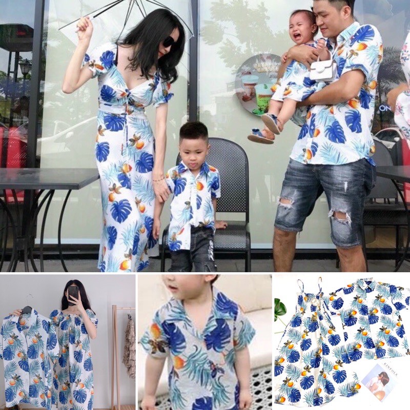 Mẫu quả đào - Áo sơ mi đồng phục đi biển hoạ tiết - có cả váy nữ - chất đũi mát mặc đồ đôi nhóm gia đình - có cả đồ bé