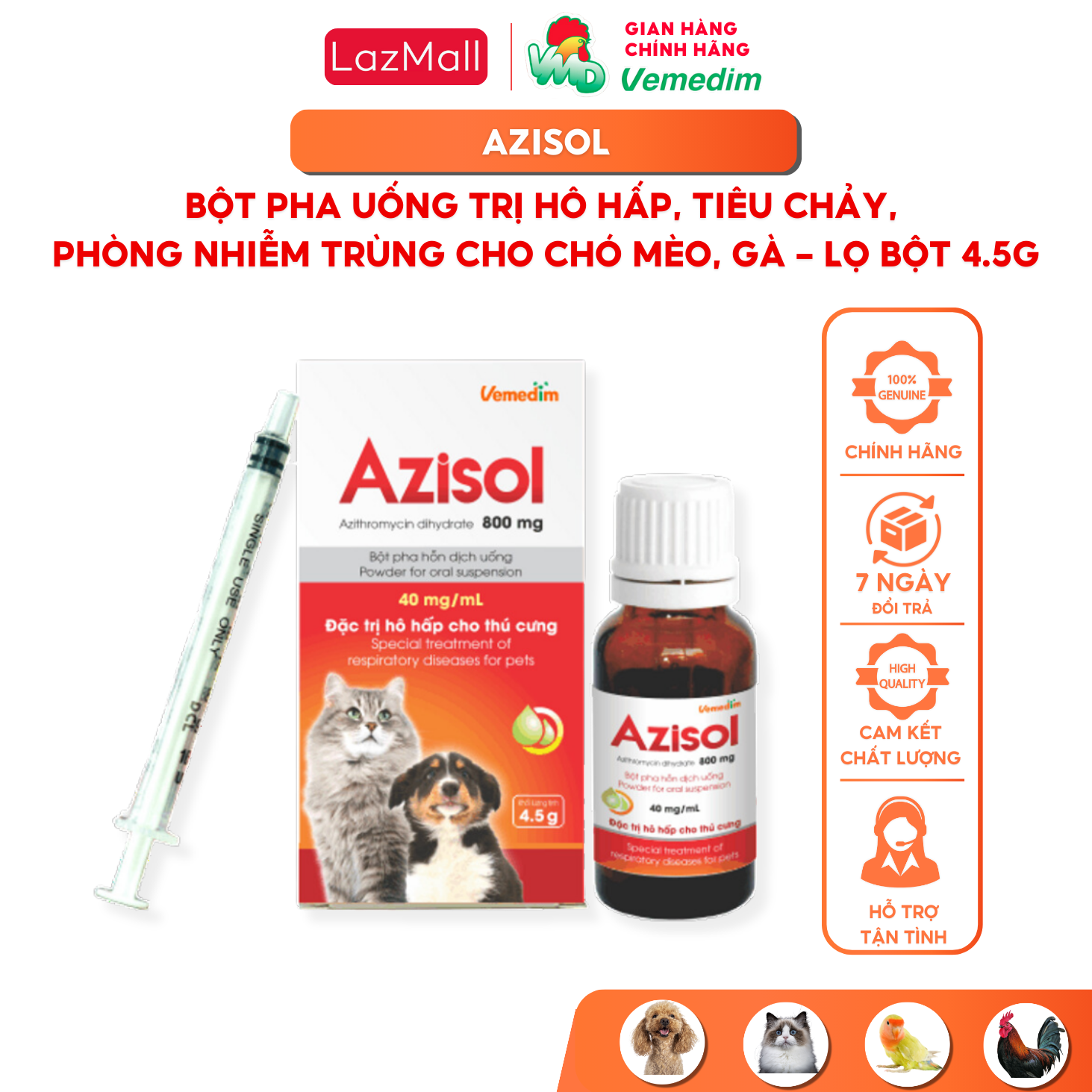 Vemedim Azisol bột pha uống dùng cho chó mèo bị hô hấp, tiêu hóa, chai 4,5g
