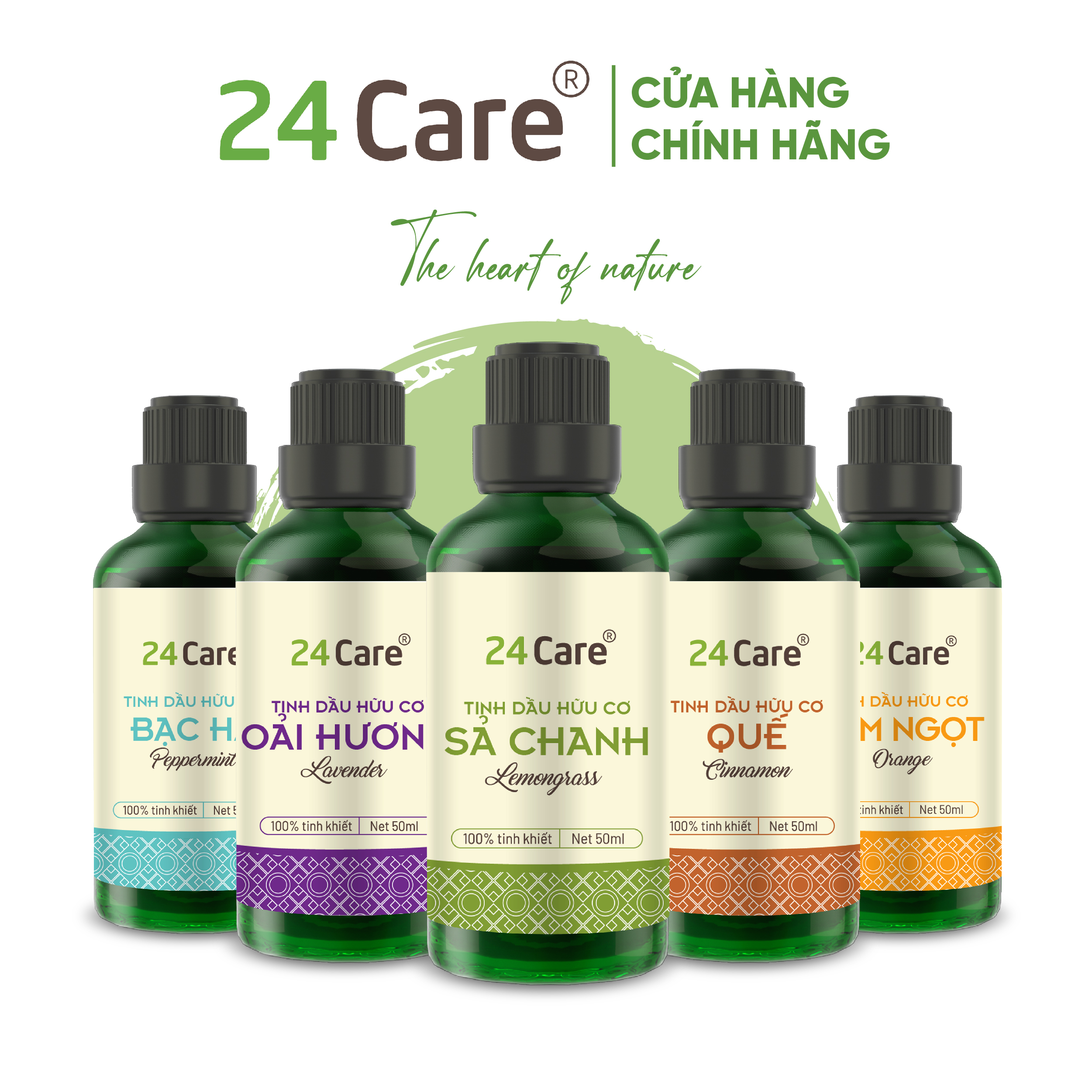 Tinh dầu nguyên chất 24Care 50ML Sả chanh/Bạc Hà/ Quế/ Oải hương/ Cam/Tràm Huế/ Hoa Hồng/ Lavender/ Ngọc Lan Tây/ Tràm Trà - Xông thơm phòng, khử mùi, đuổi muỗi